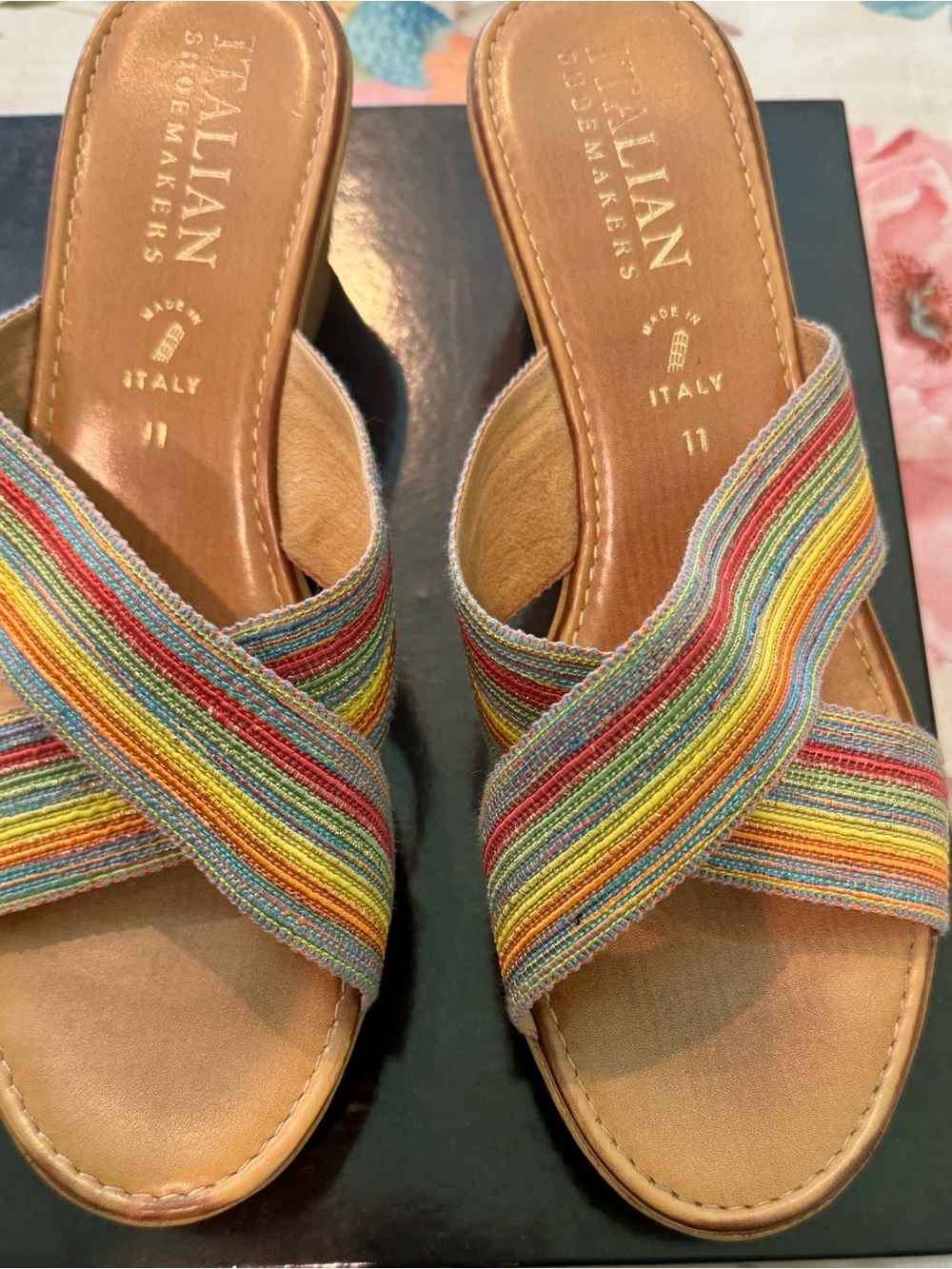 Italian Shoemakers Rainbow-Striped Crisscross Slide Sandals